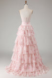 Pink and Red Floral Tiered Ruffled Long Corset Prom Dress with Bow
