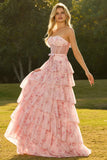 Floral Pink and Red Sweetheart Long Corset Prom Dress with Ruffles