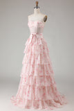 Pink and Red Floral Tiered Ruffled Long Corset Prom Dress with Bow