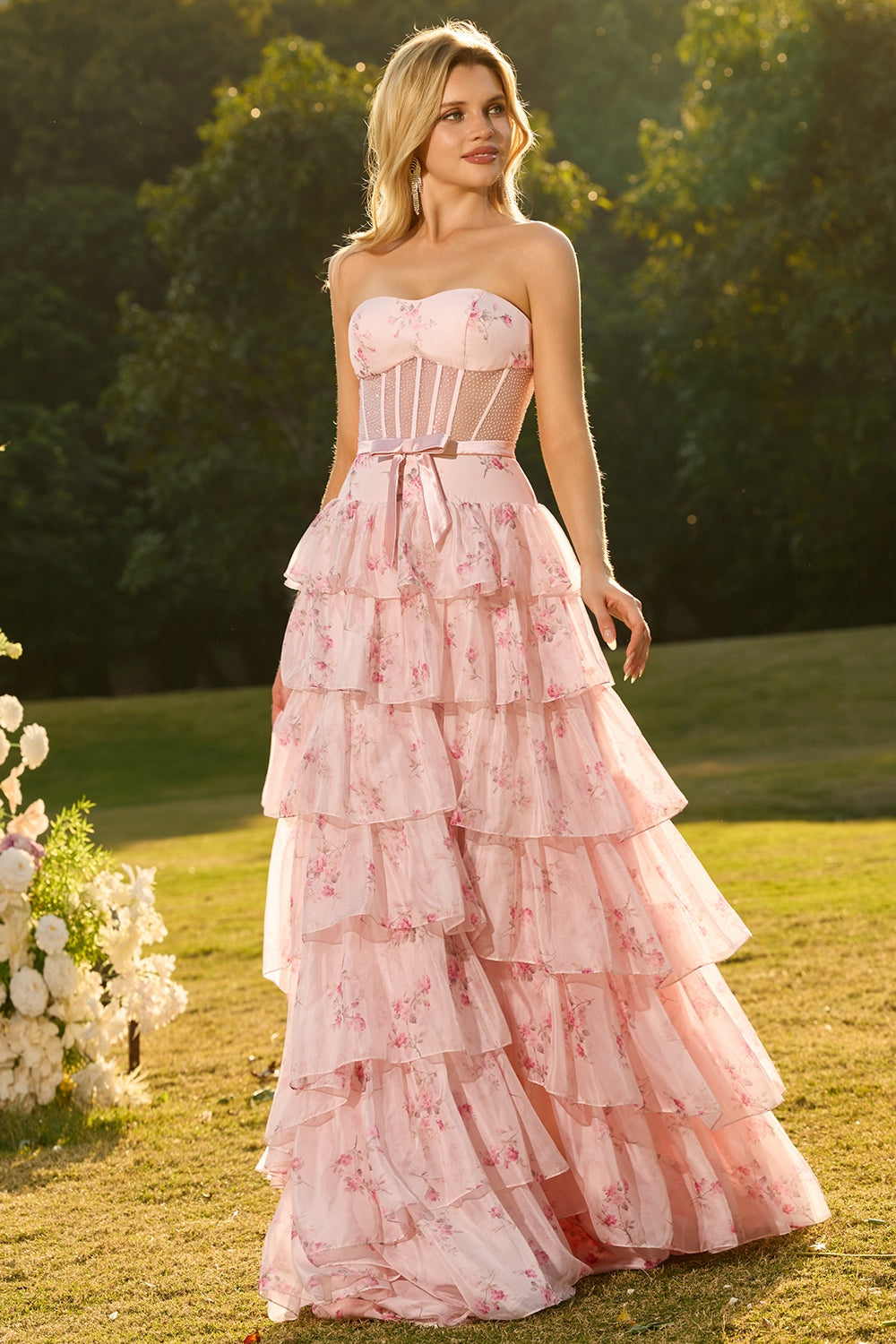 Floral Pink and Red Sweetheart Long Corset Prom Dress with Ruffles