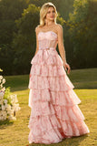 Floral Pink and Red Sweetheart Long Corset Prom Dress with Ruffles