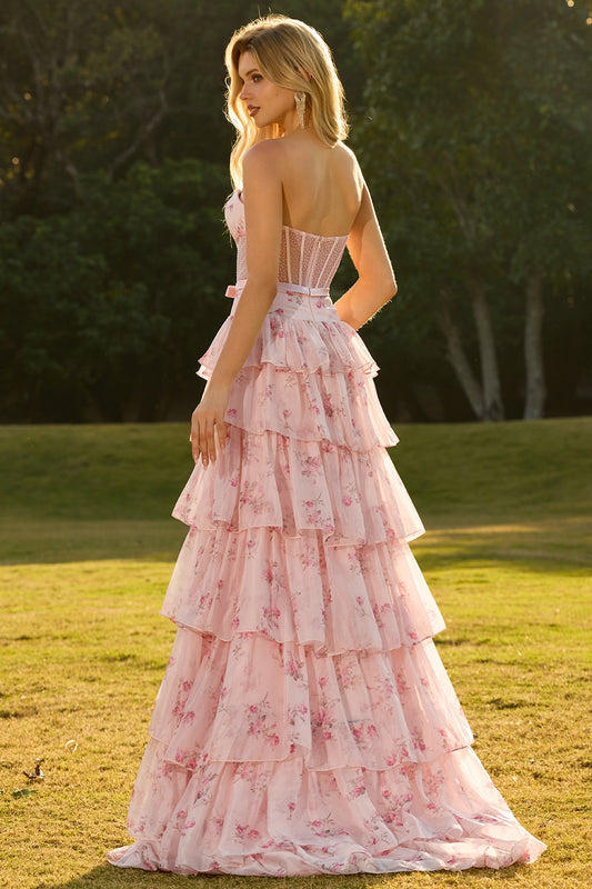 Floral Pink and Red Sweetheart Long Corset Prom Dress with Ruffles