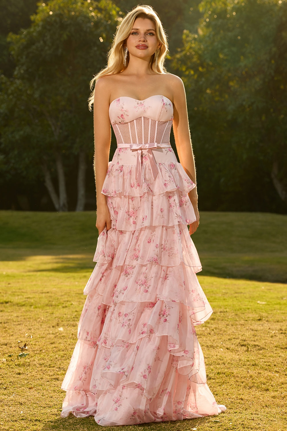 Floral Pink and Red Sweetheart Long Corset Prom Dress with Ruffles