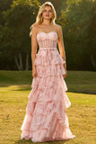 Floral Pink and Red Sweetheart Long Corset Prom Dress with Ruffles