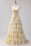 Floral Yellow and Blue Ruffled Sweetheart Long Corset Prom Dress