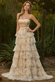 Floral Yellow and Blue Ruffled Sweetheart Long Corset Prom Dress