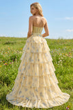 Pink and Red Floral Tiered Ruffled Long Corset Prom Dress with Bow