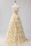 Floral Yellow and Blue Ruffled Sweetheart Long Corset Prom Dress