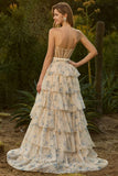 Floral Yellow and Blue Ruffled Sweetheart Long Corset Prom Dress