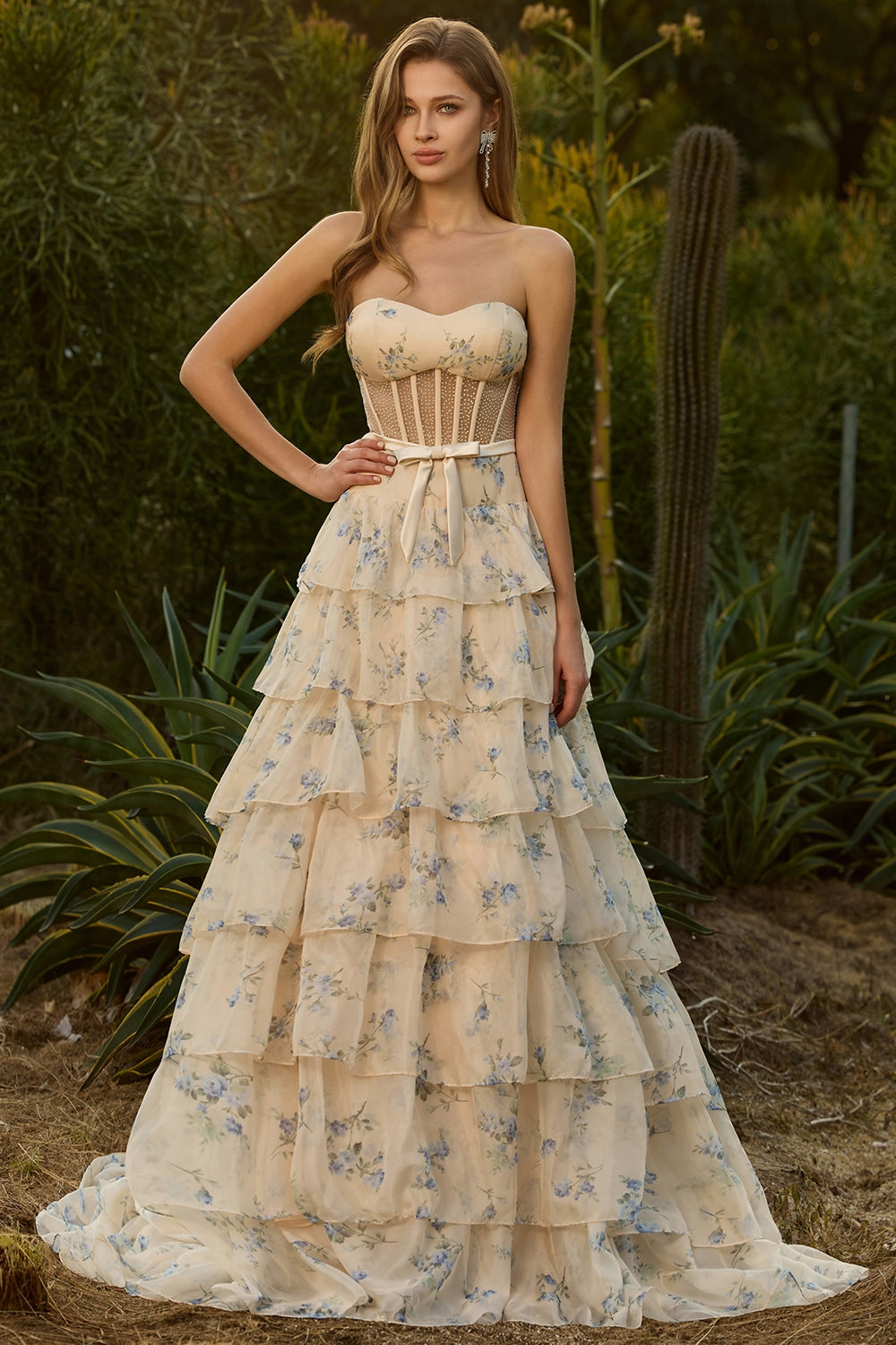 Floral Pink and Red Sweetheart Long Corset Prom Dress with Ruffles