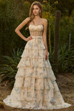 Floral Pink and Red Sweetheart Long Corset Prom Dress with Ruffles