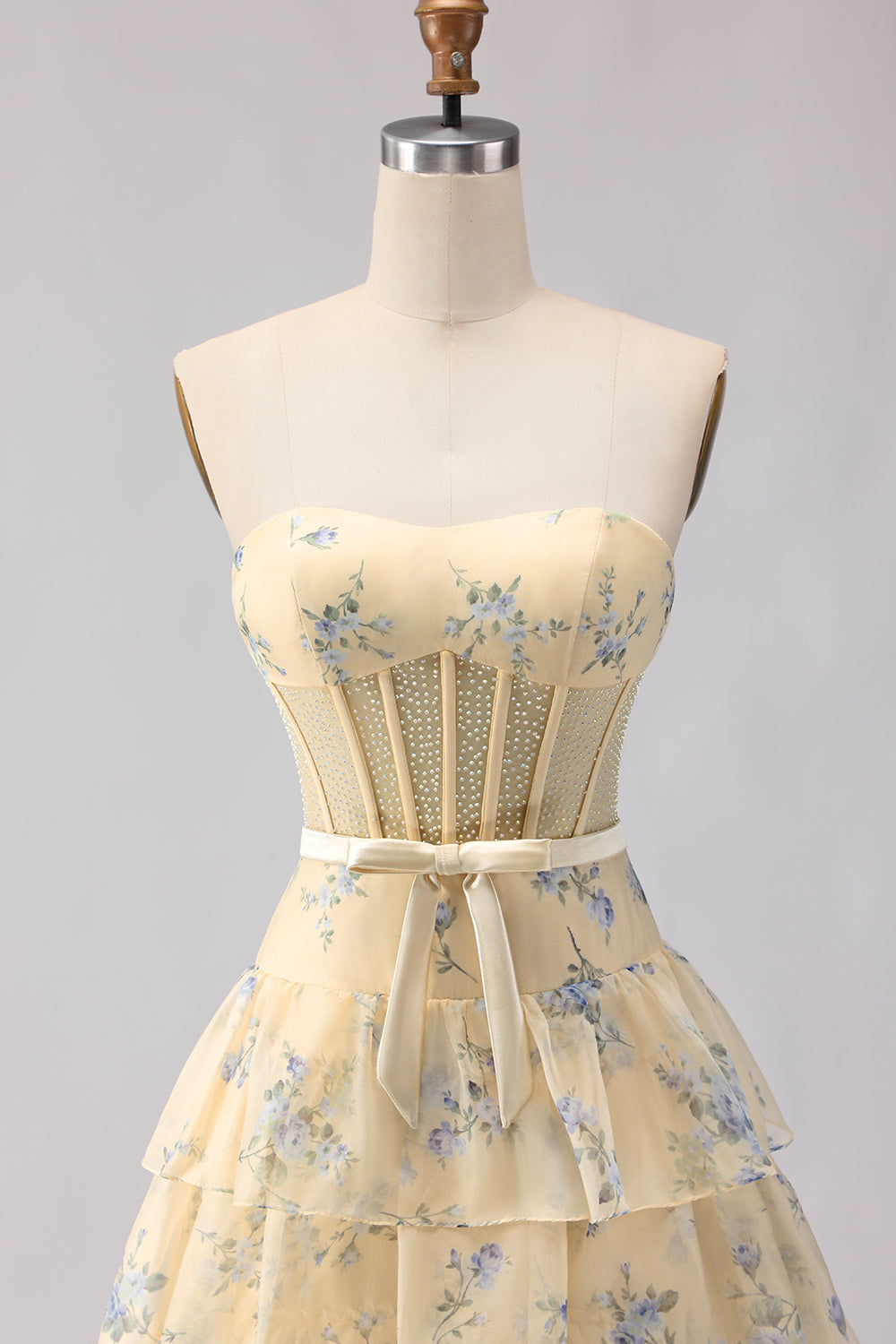 Floral Yellow and Blue Ruffled Sweetheart Long Corset Prom Dress