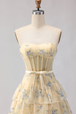 Floral Yellow and Blue Ruffled Sweetheart Long Corset Prom Dress
