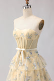 Floral Yellow and Blue Ruffled Sweetheart Long Corset Prom Dress