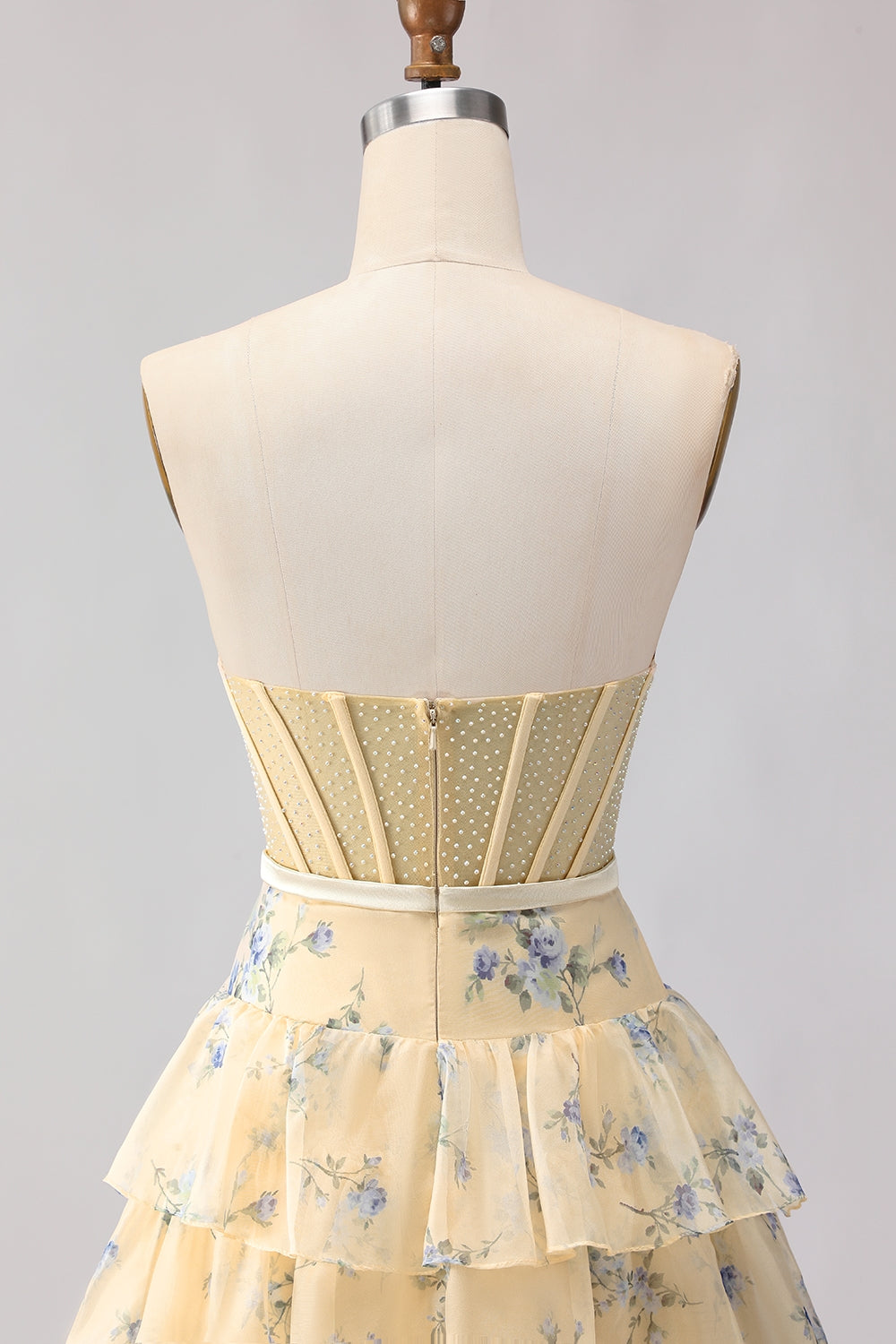 Floral Yellow and Blue Ruffled Sweetheart Long Corset Prom Dress