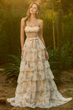 Floral Pink and Red Sweetheart Long Corset Prom Dress with Ruffles