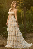 Floral Pink and Red Sweetheart Long Corset Prom Dress with Ruffles