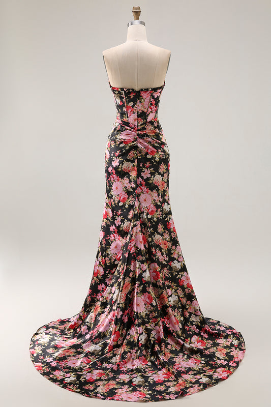 Black Pink Flower Mermaid Corset Long Prom Dress with Slit