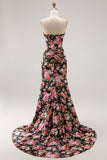Black Pink Flower Mermaid Corset Long Prom Dress with Slit