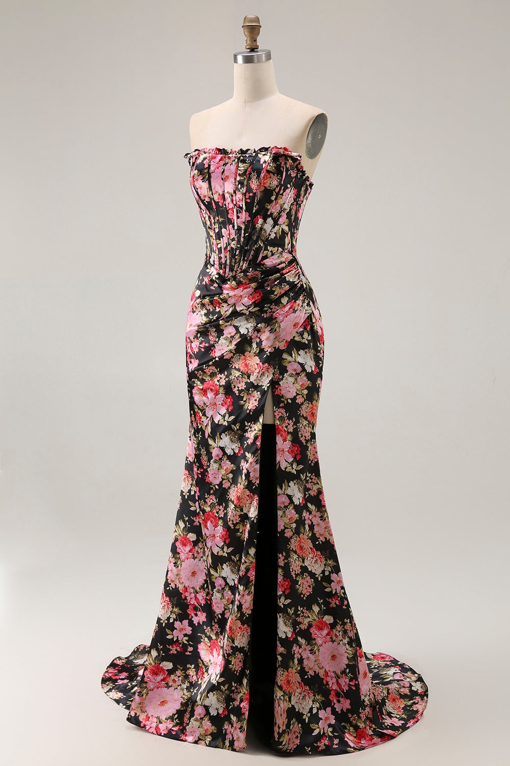 Black Pink Flower Mermaid Corset Long Prom Dress with Slit