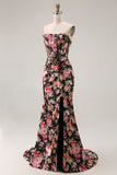 Black Pink Flower Mermaid Corset Long Prom Dress with Slit