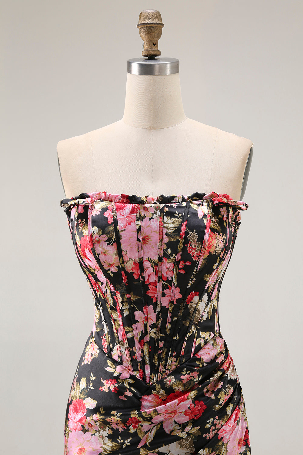 Black Pink Flower Mermaid Corset Long Prom Dress with Slit