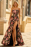 Floral Black Pink Mermaid Long Corset Prom Dress with Slit