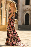 Floral Black Pink Mermaid Long Corset Prom Dress with Slit