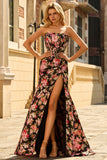 Floral Black Pink Mermaid Long Corset Prom Dress with Slit
