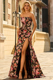 Floral Black Pink Mermaid Long Corset Prom Dress with Slit