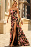 Floral Black Pink Mermaid Long Corset Prom Dress with Slit