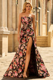 Floral Black Pink Mermaid Long Corset Prom Dress with Slit