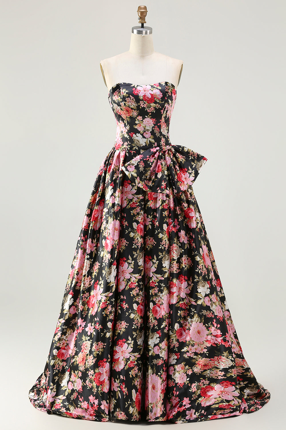 Zapakasa Women Floral Black and Pink Long Corset Prom Dress with Bow A Line Strapless Ruched Pageant Dress Zapakasa Women Floral Black and Pink Long Corset Prom Dress with Bow A Line Strapless Ruched Pageant Dress