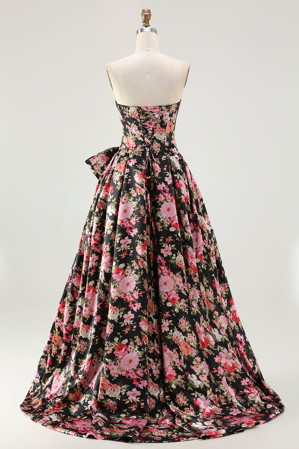Zapakasa Women Floral Black and Pink Long Corset Prom Dress with Bow A Line Strapless Ruched Pageant Dress Zapakasa Women Floral Black and Pink Long Corset Prom Dress with Bow A Line Strapless Ruched Pageant Dress