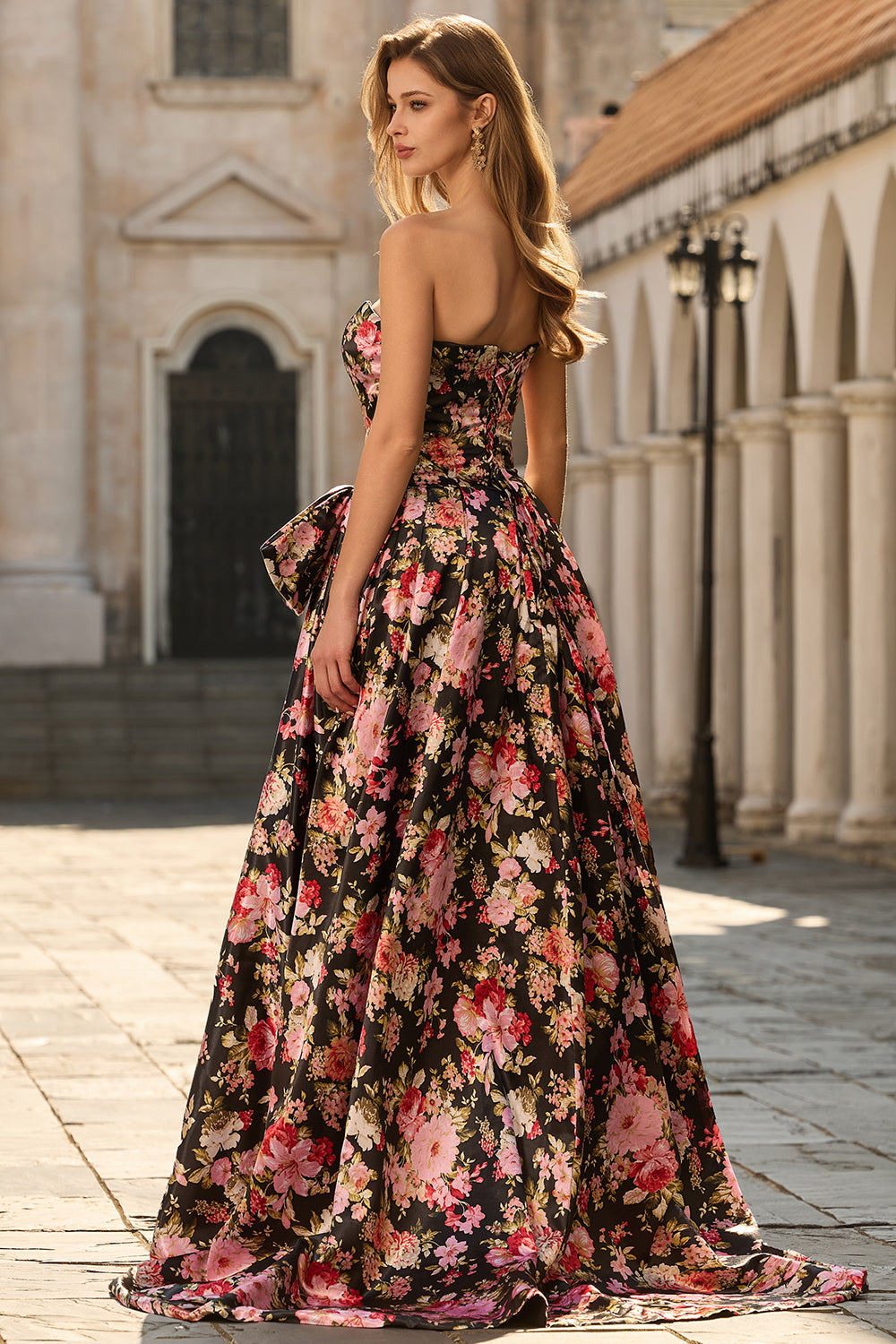 Floral White and Pink A Line Long Corset Prom Dress with Bow