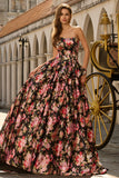 Floral Black and Pink Strapless Long Corset Prom Dress with Bow