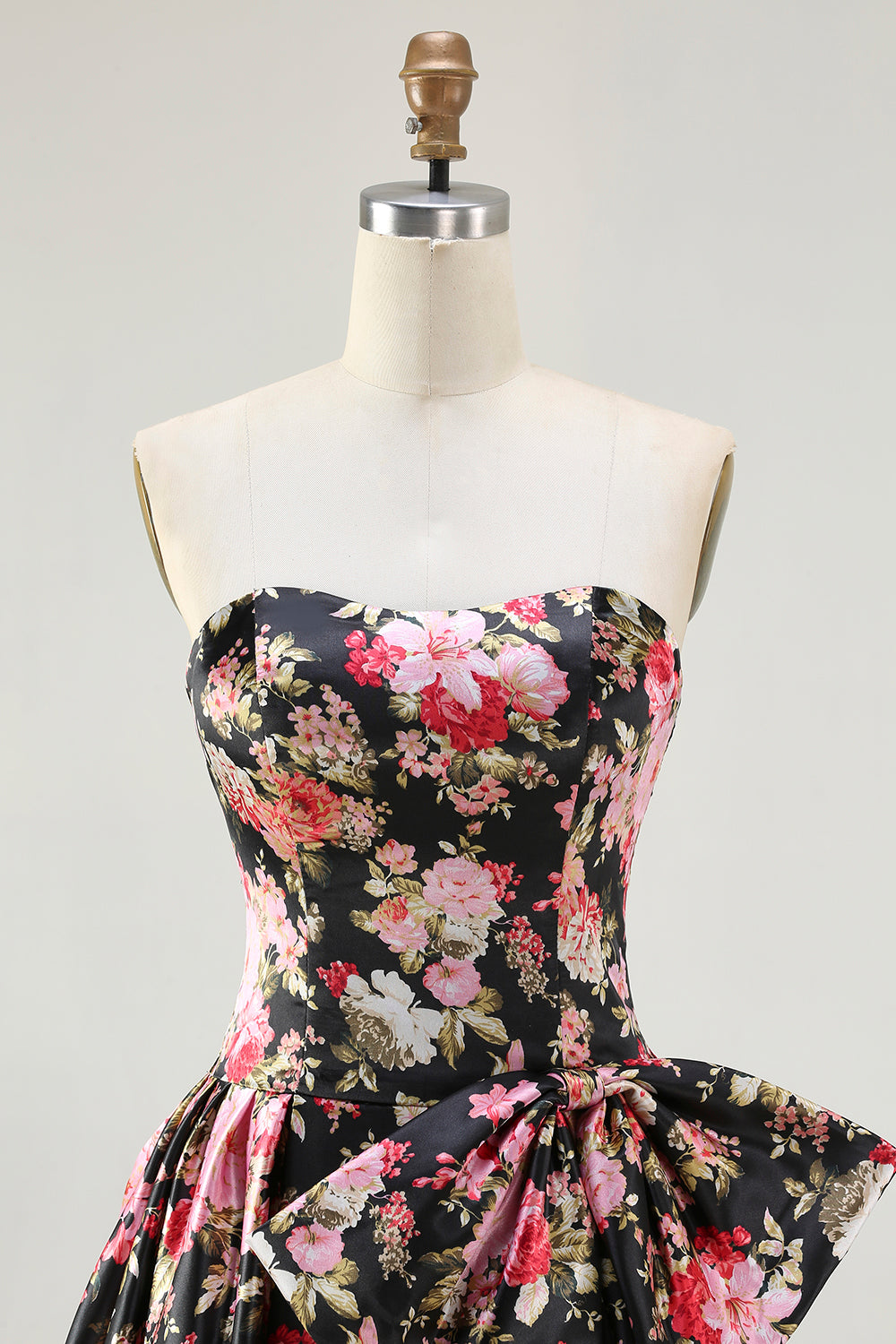 Black and Pink Floral Strapless Corset Long Prom Dress with Bow