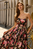 Floral Black and Pink Strapless Long Corset Prom Dress with Bow