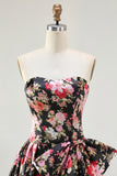 Black and Pink Floral Strapless Corset Long Prom Dress with Bow