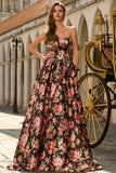 Floral Black and Pink Strapless Long Corset Prom Dress with Bow