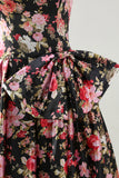 Black and Pink Floral Strapless Corset Long Prom Dress with Bow