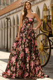 Floral Black and Pink Strapless Long Corset Prom Dress with Bow