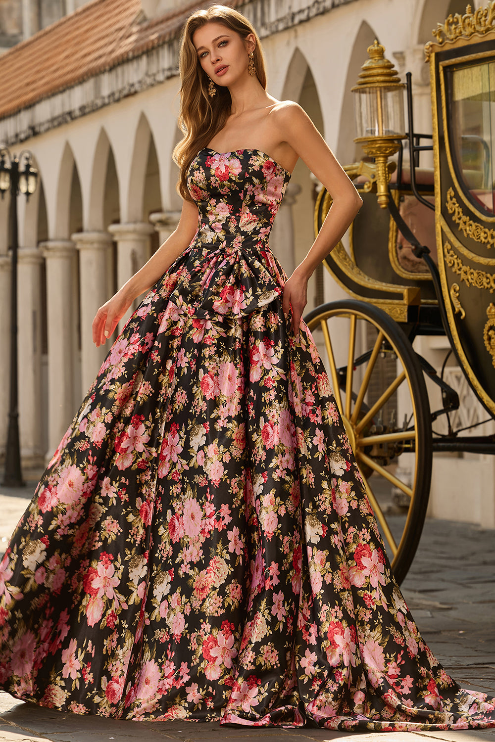 Floral Black and Pink Strapless Long Corset Prom Dress with Bow