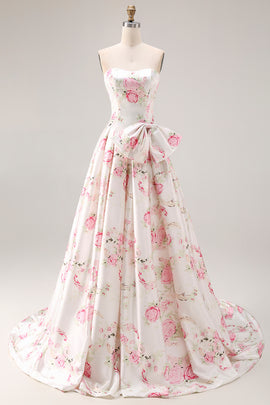 Floral White and Pink A Line Long Corset Prom Dress with Bow