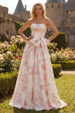 Floral Black and Pink Strapless Long Corset Prom Dress with Bow