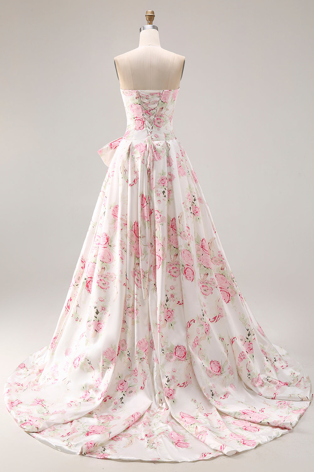 Zapakasa Women White and Pink Floral Long Corset Prom Dress with Bow A Line Ruched Strapless Pageant Dress Zapakasa Women White and Pink Floral Long Corset Prom Dress with Bow A Line Ruched Strapless Pageant Dress