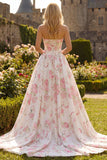 Floral Black and Pink Strapless Long Corset Prom Dress with Bow
