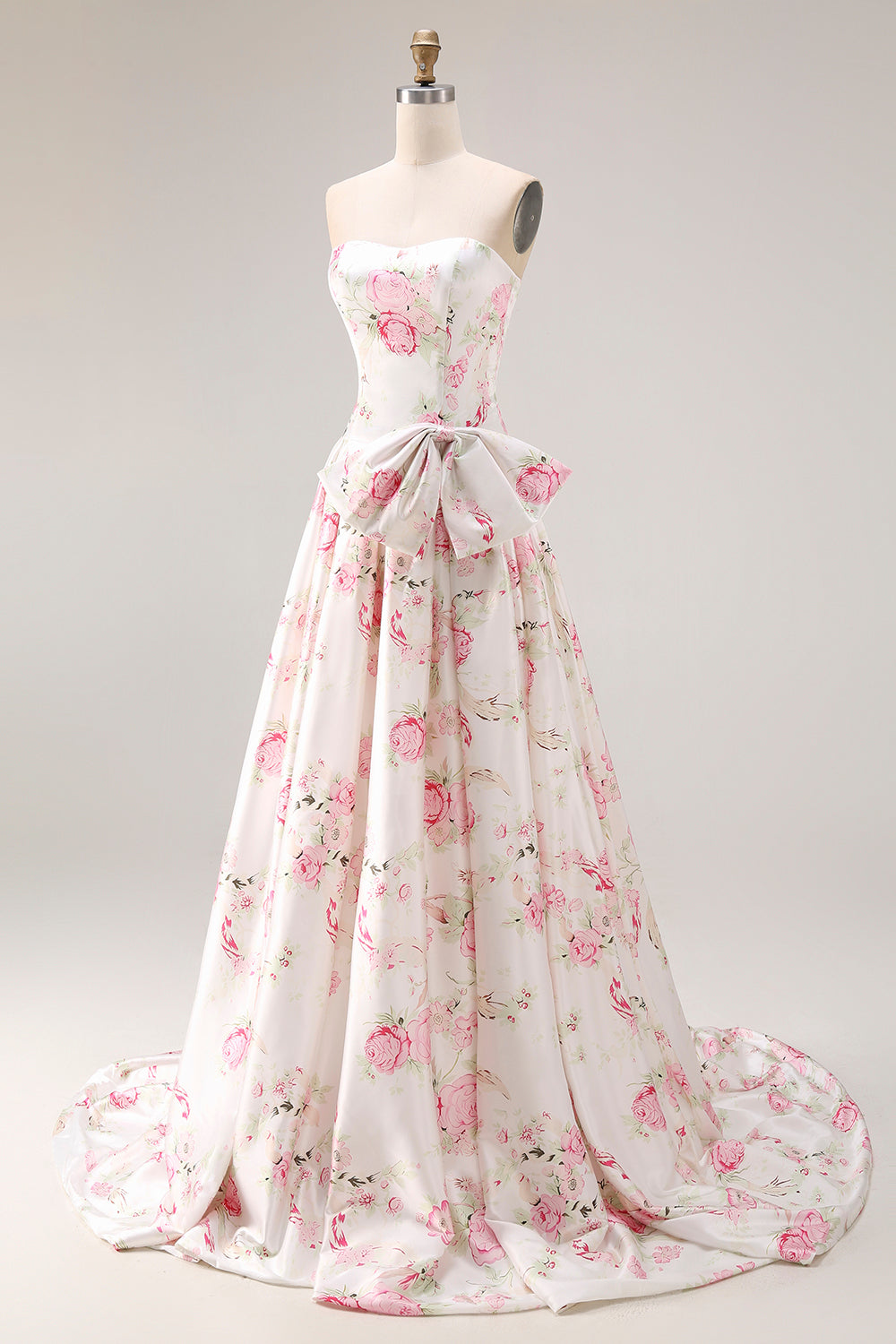 Floral Black and Pink Strapless Long Corset Prom Dress with Bow