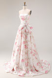 Floral Black and Pink Strapless Long Corset Prom Dress with Bow