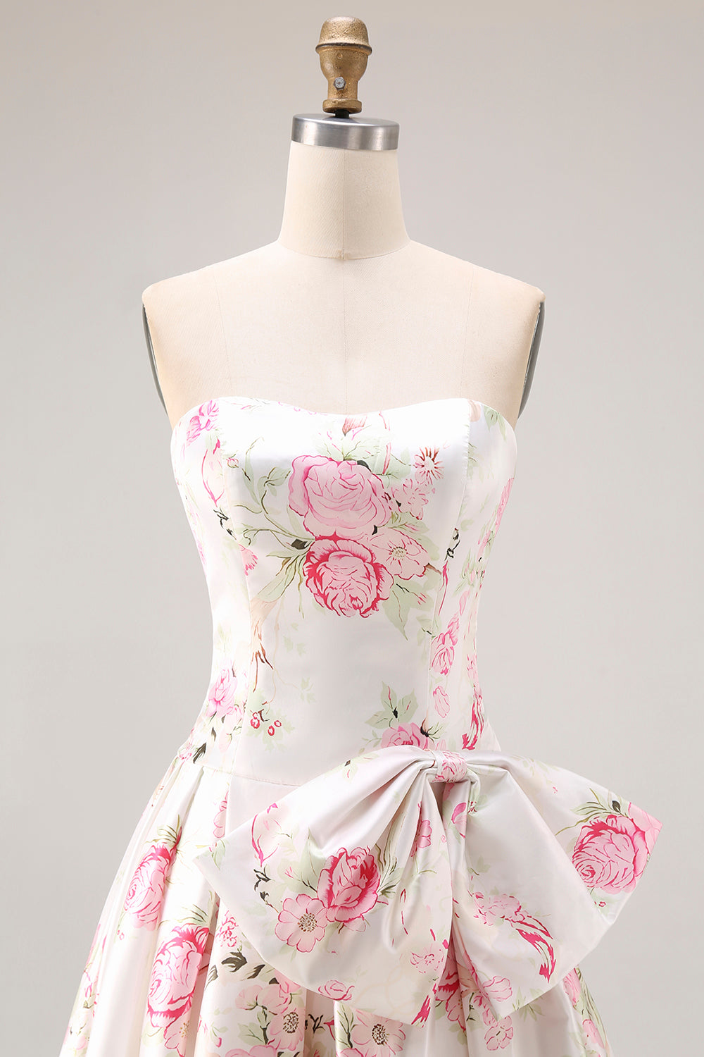 Floral Black and Pink Strapless Long Corset Prom Dress with Bow
